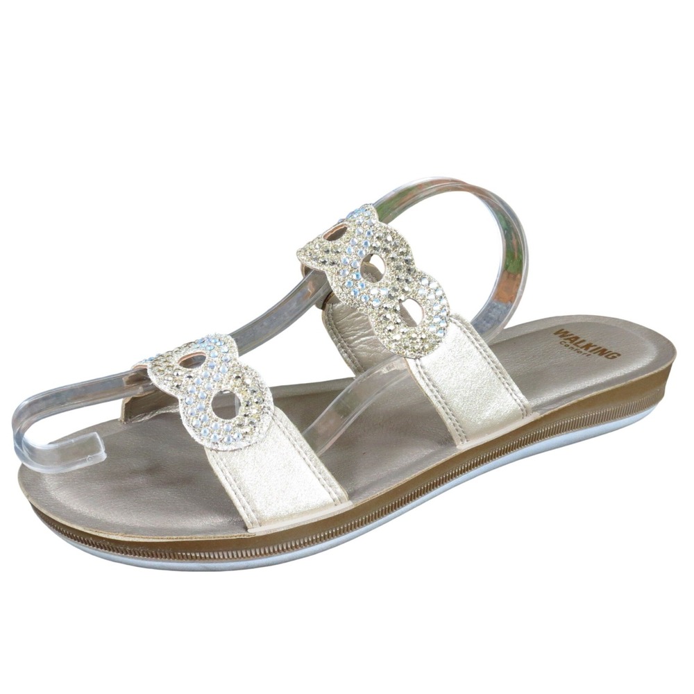 Walking Comfort Women Rhinestone Double Strap Slide Sandal Size 41 Gold Leather